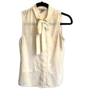 H&M Cream Tie Neck Blouse Size 4 Sleeveless Bow Detail Lightweight Top
